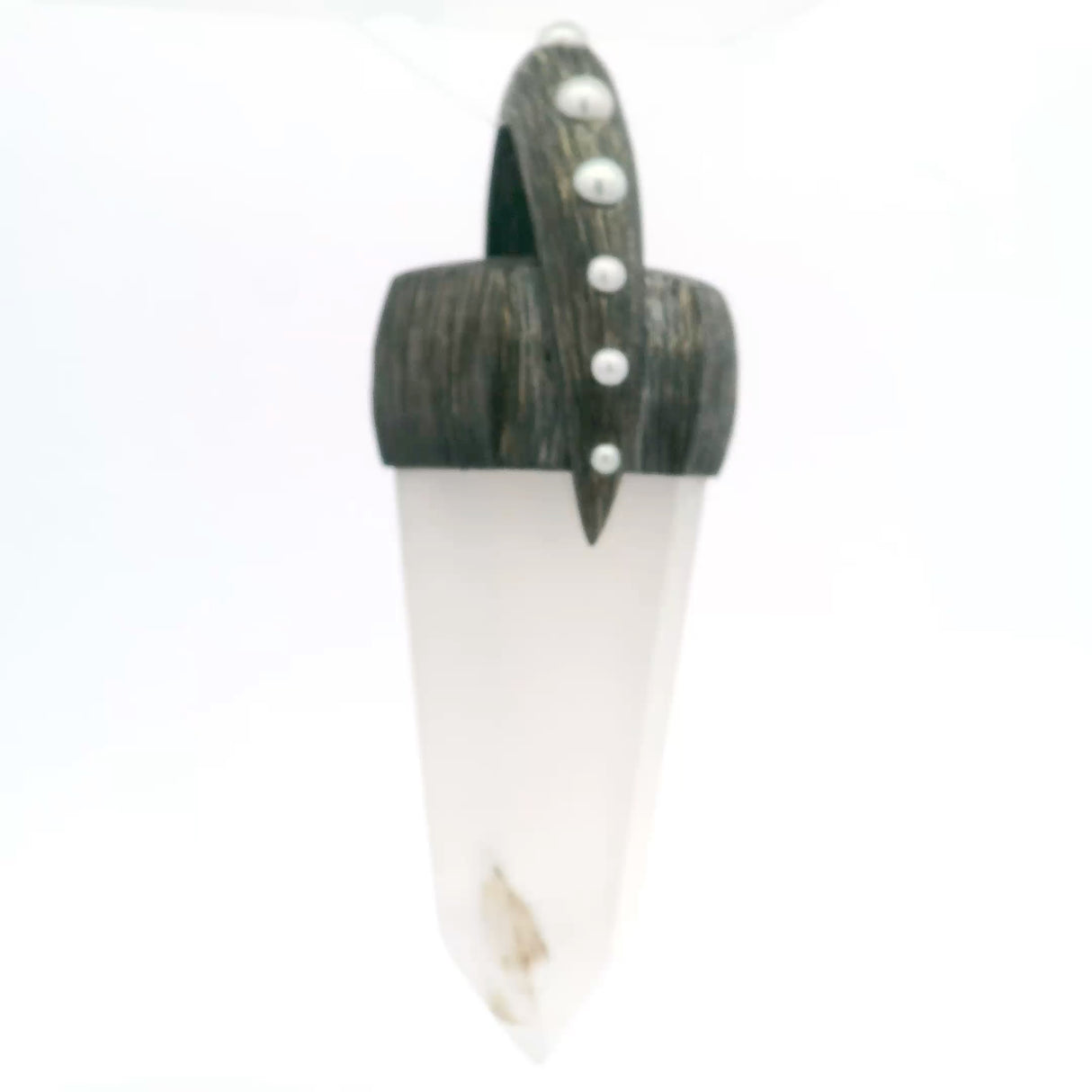 Milky Agate Point Pendant with Flower Inclusion Bezel Set in Oxidized 925 Sterling Silver Lantern Bail with Pearls