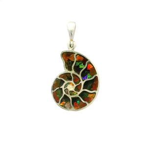 Ammolite pendant featuring a silver ammonite design inlaid with vibrant fire opal hues.