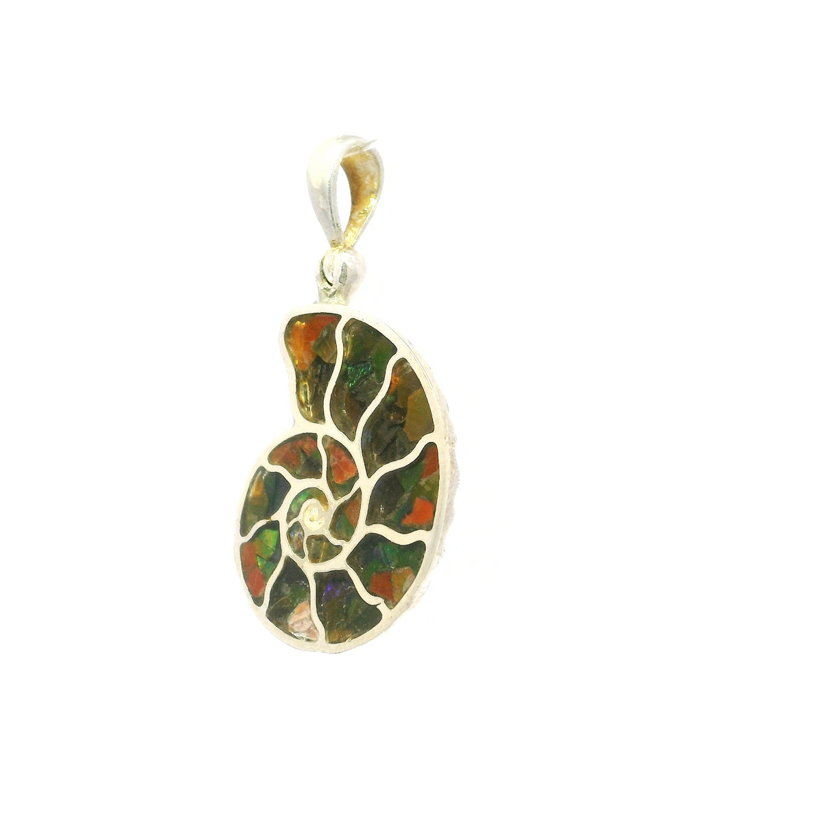 Ammolite Pendant - Dainty Silver Ammonite Inlaid With Fire Opal In Vibrant Iridescent Hues