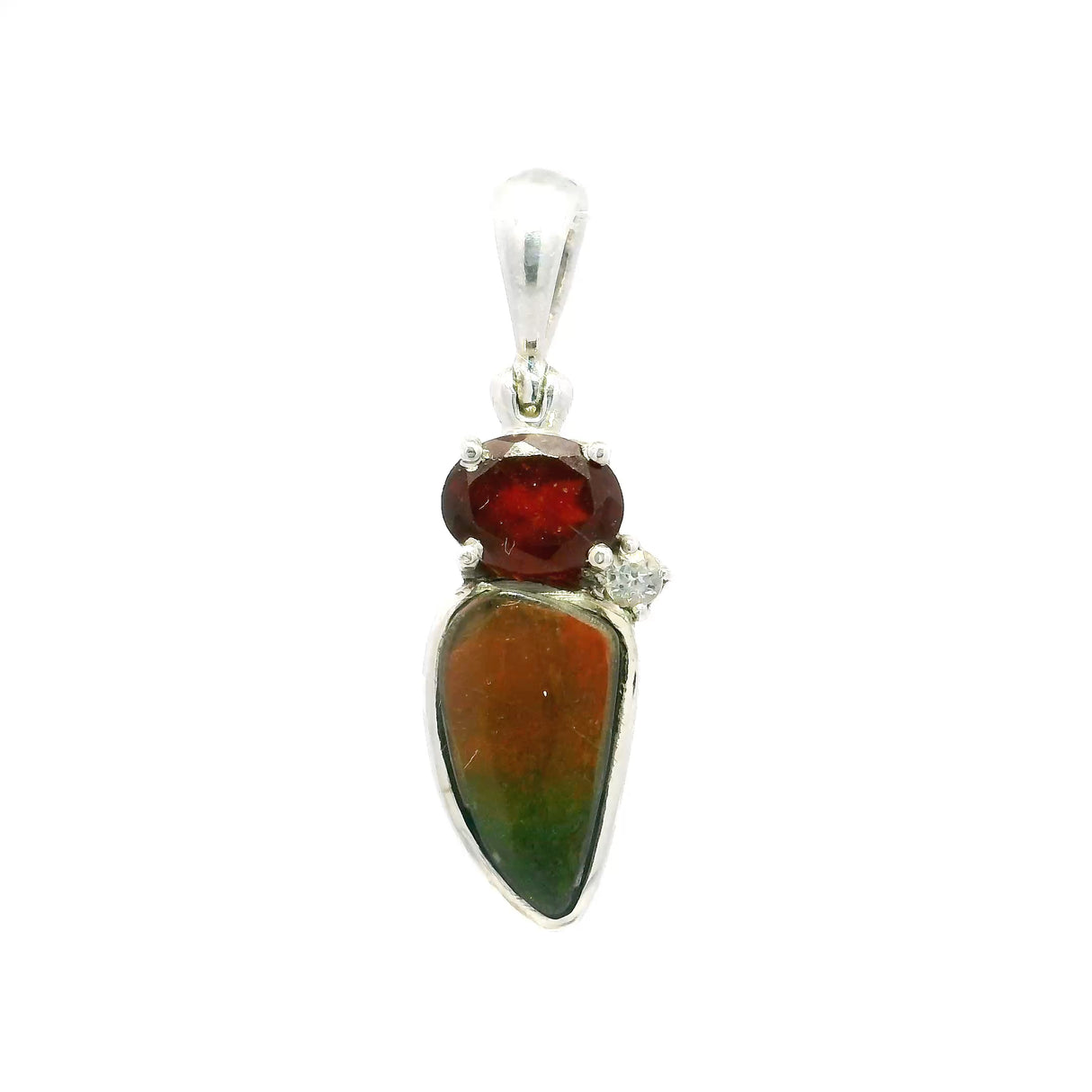 Pendentif Ammolite - Forme libre avec grenat ovale facetté serti griffes et topaze blanche ronde facettée - Dégradé arc-en-ciel parfait