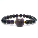 Bracelet perlé avec tête de chat sculptée et perles rondes de 8 mm avec entretoises dorées