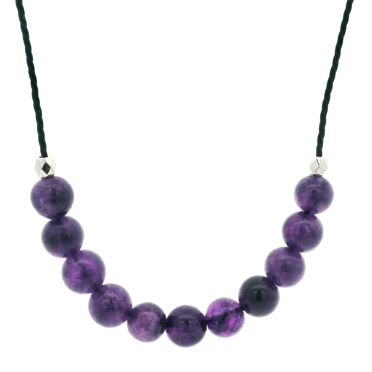 Amethyst 6mm bead necklace on black cord with silver faceted accent beads, mottled purple stones shown close up