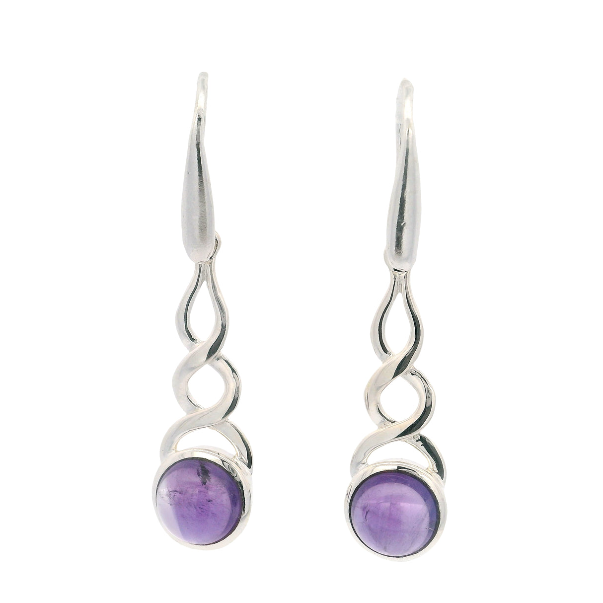 Amethyst Round Cabochon Dangle Earrings Bezel Set in Shoelace-style Setting of 925 Sterling Silver