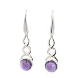 Amethyst Round Cabochon Dangle Earrings Bezel Set in Shoelace-style Setting of 925 Sterling Silver