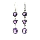 Faceted Amethyst Dangle Earrings with Mixed Shapes - Round & Trillion & Oval