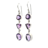 Faceted Amethyst Dangle Earrings with Mixed Shapes - Round & Trillion & Oval