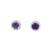 Round purple amethyst stud earrings with CZ halo in rhodium vermeil, front view