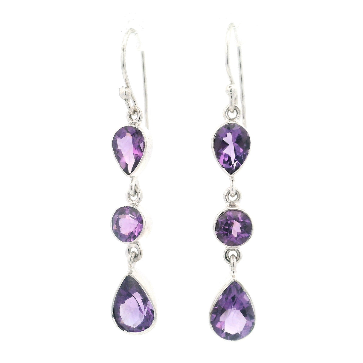 Faceted Amethyst Trio Drop Dangle Earrings