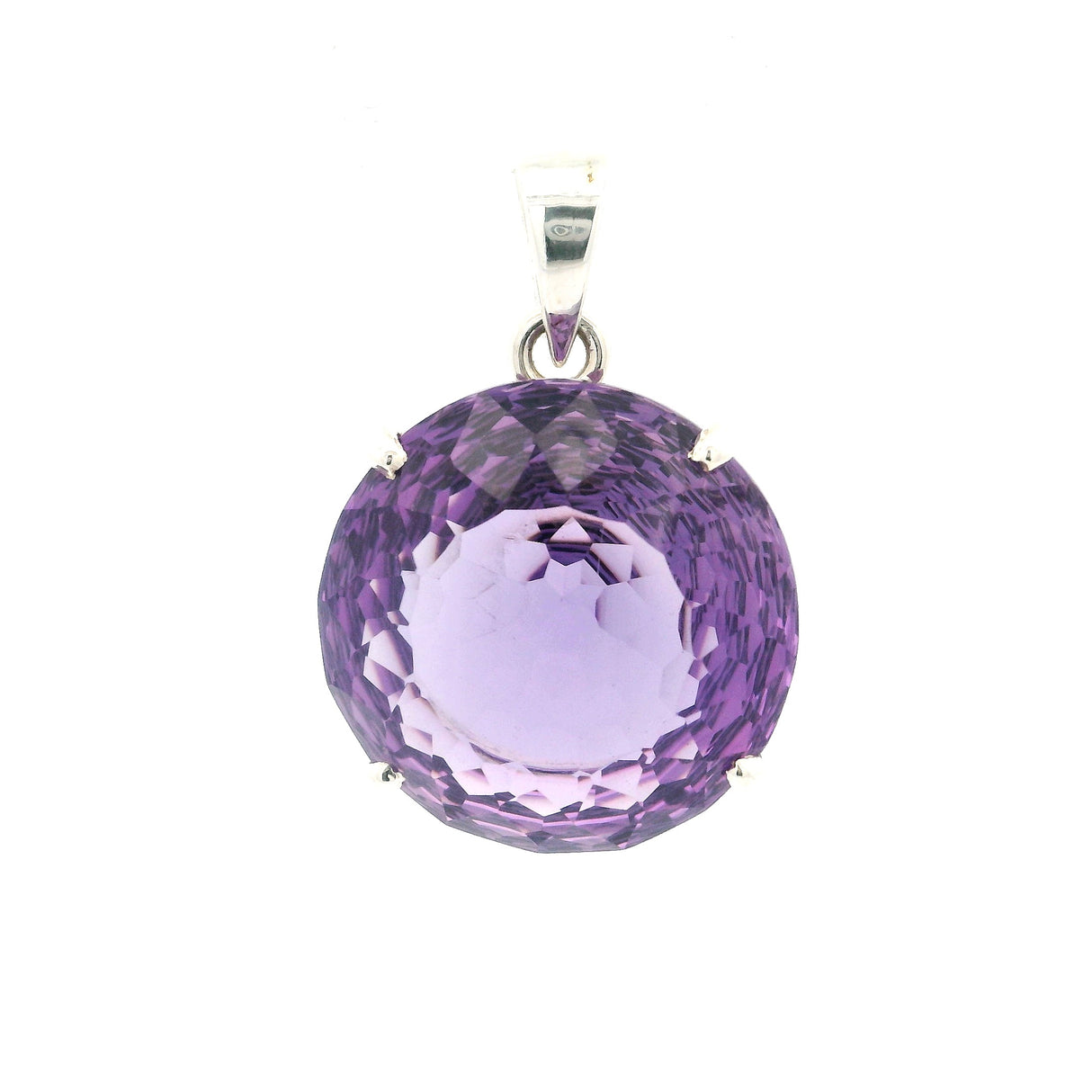 Faceted Amethyst Large Round Pendant Prong Set in 925 Sterling Silver