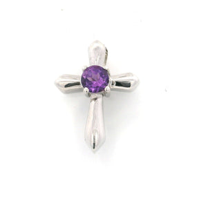 Faceted purple amethyst prong-set in a sterling silver hilt-design cross pendant