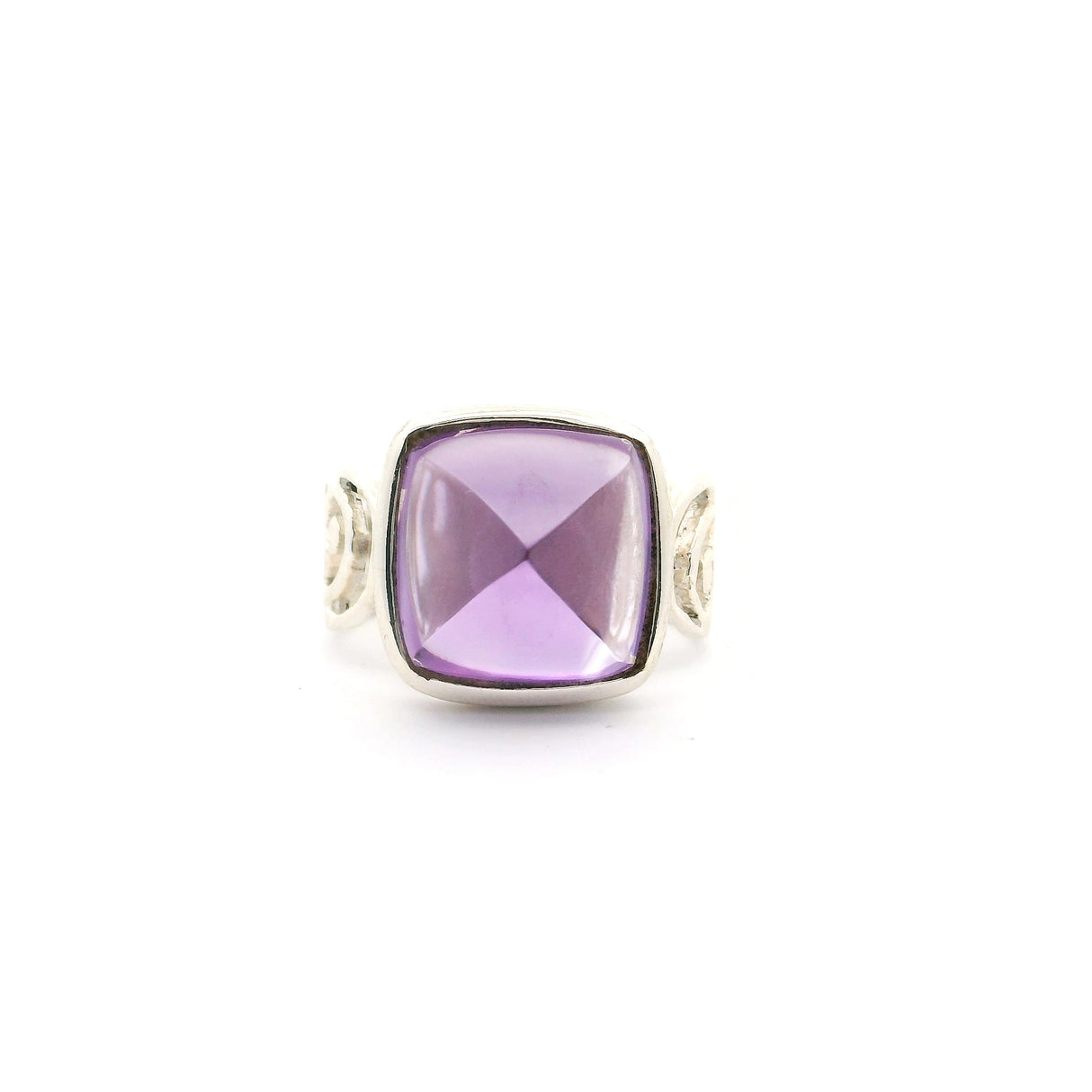 Faceted Amethyst Square Ring Bezel Set on Fancy Scrolled Wide Band in 925 Sterling Silver sz6