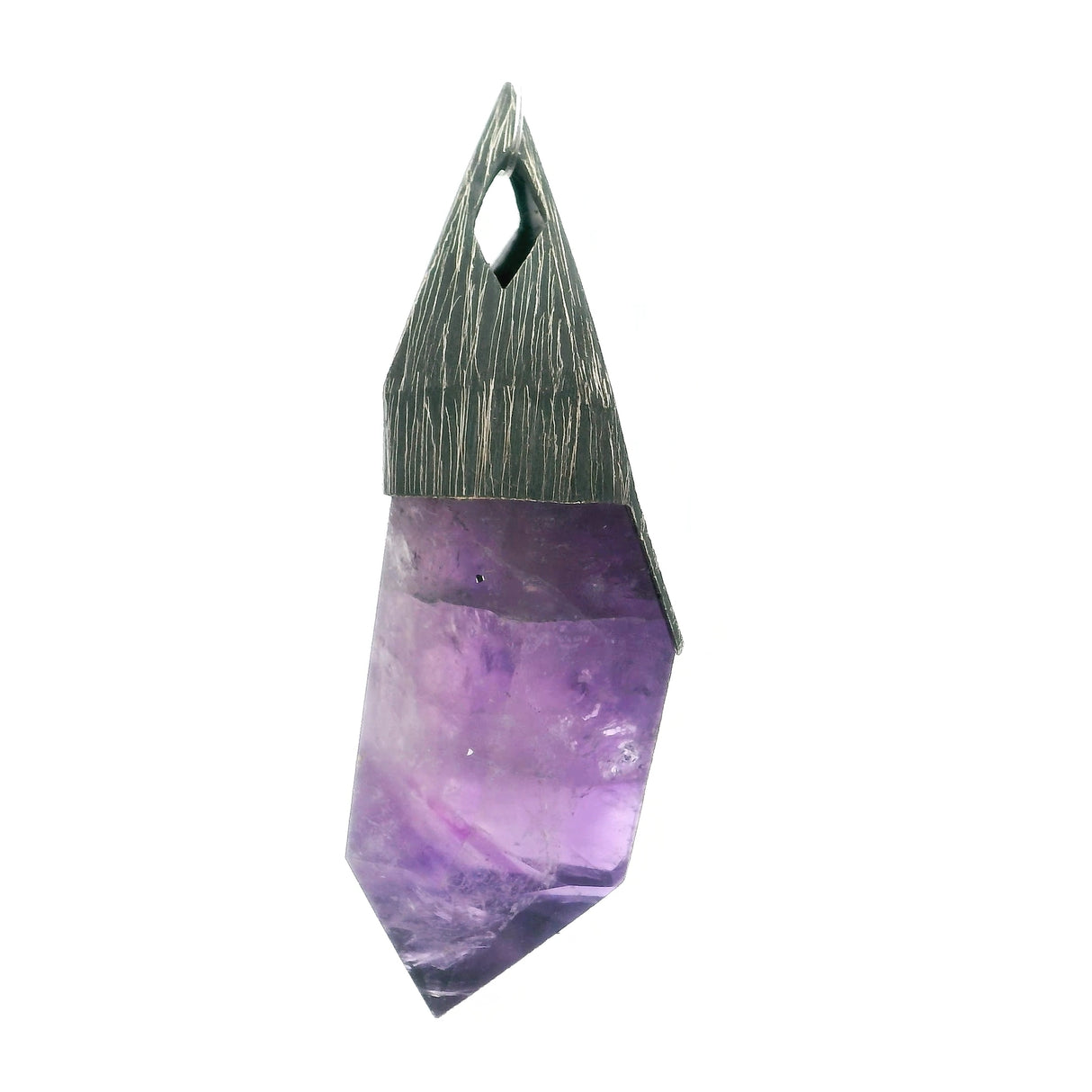 Polished Amethyst Point Pendant Bezel Set in Oxidized 925 Sterling Silver Pointed Bail with Diamond Cut-Out - Crystal Home