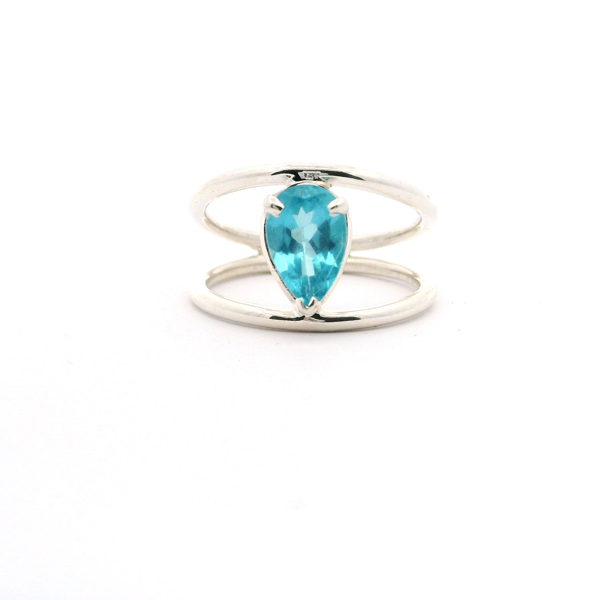 Faceted Blue Apatite Pear Ring Prong Set on Double Band in 925 Sterling Silver sz7