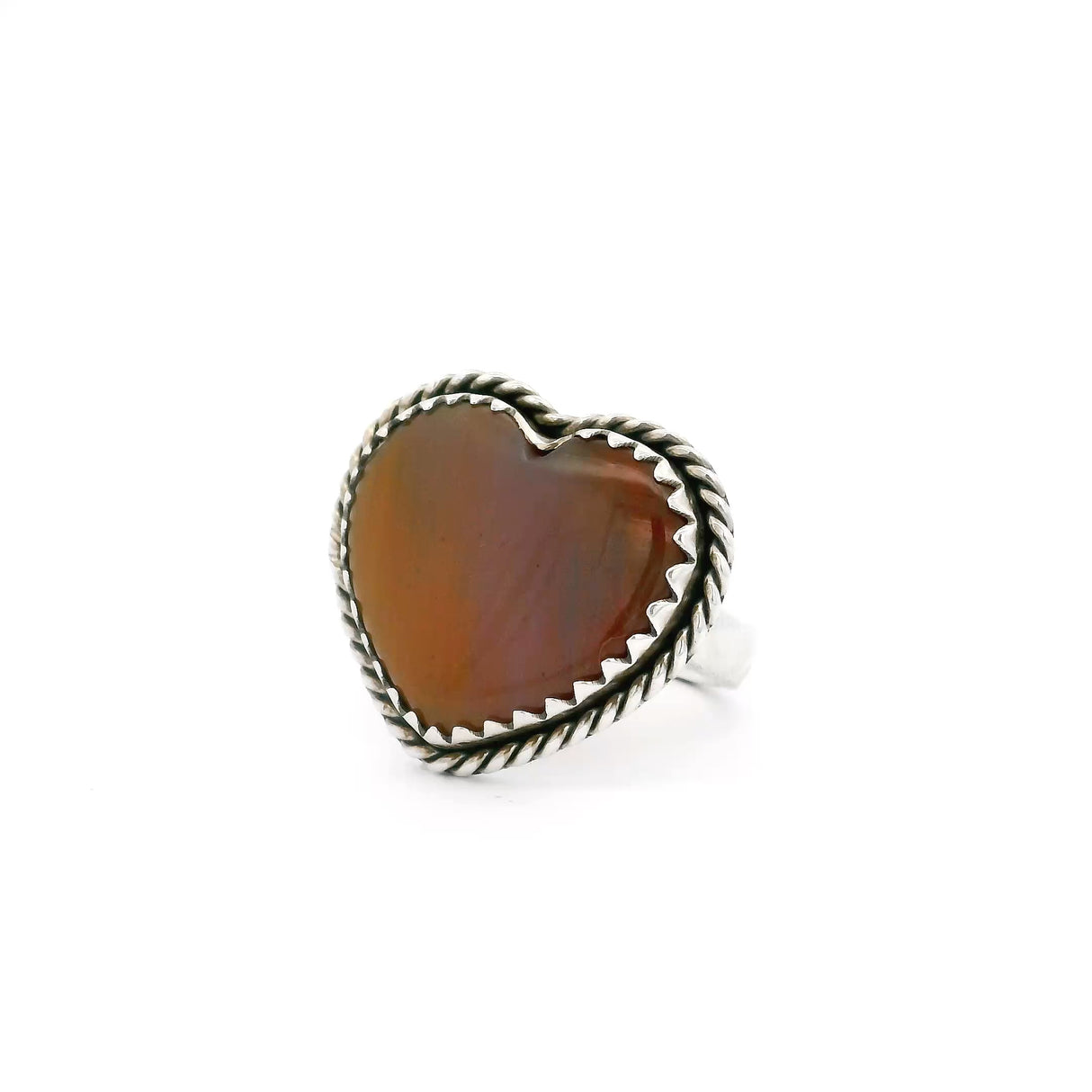 Arizona Petrified Wood Ring - Heart Cabochon With Silver Rope Bezel Edge & Sharp Scalloped Center Bezel Sz8.5
