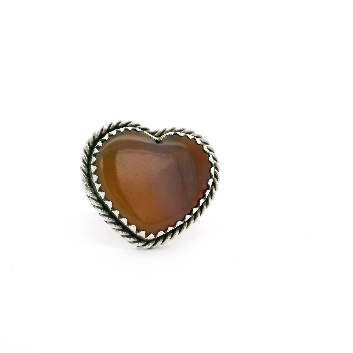 Arizona Petrified Wood Ring - Heart Cabochon With Silver Rope Bezel Edge & Sharp Scalloped Center Bezel Sz8.5