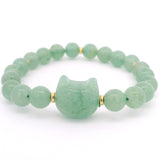 Cat Face Carved Bead & 8mm Rounds Beaded Bracelet with Gold Spacers