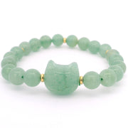 Green aventurine cat face bead bracelet with green stretch rounds and gold spacers