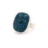 Azurite Rounded Rectangle Ring with Hammered Band Bezel Set in 925 Sterling Silver sz8