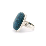 Azurite Rounded Rectangle Ring with Hammered Band Bezel Set in 925 Sterling Silver sz8
