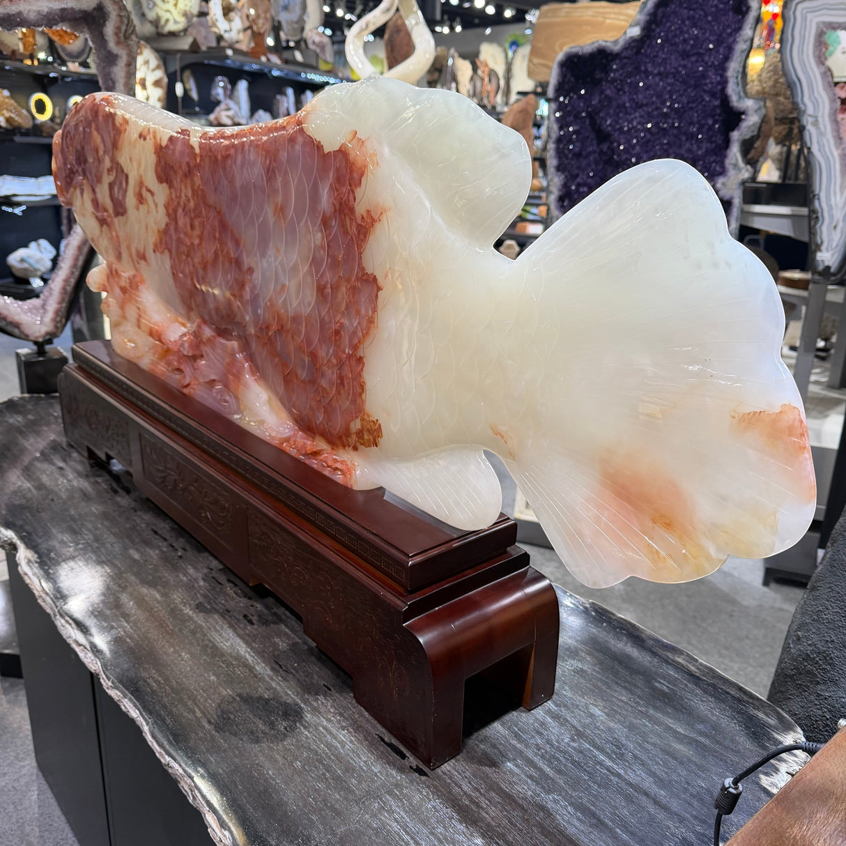 Exquisite Red Skin Mutton Fat Nephrite Jade Fish Carving on Carved Wooden Base with Accompanying Custom Box