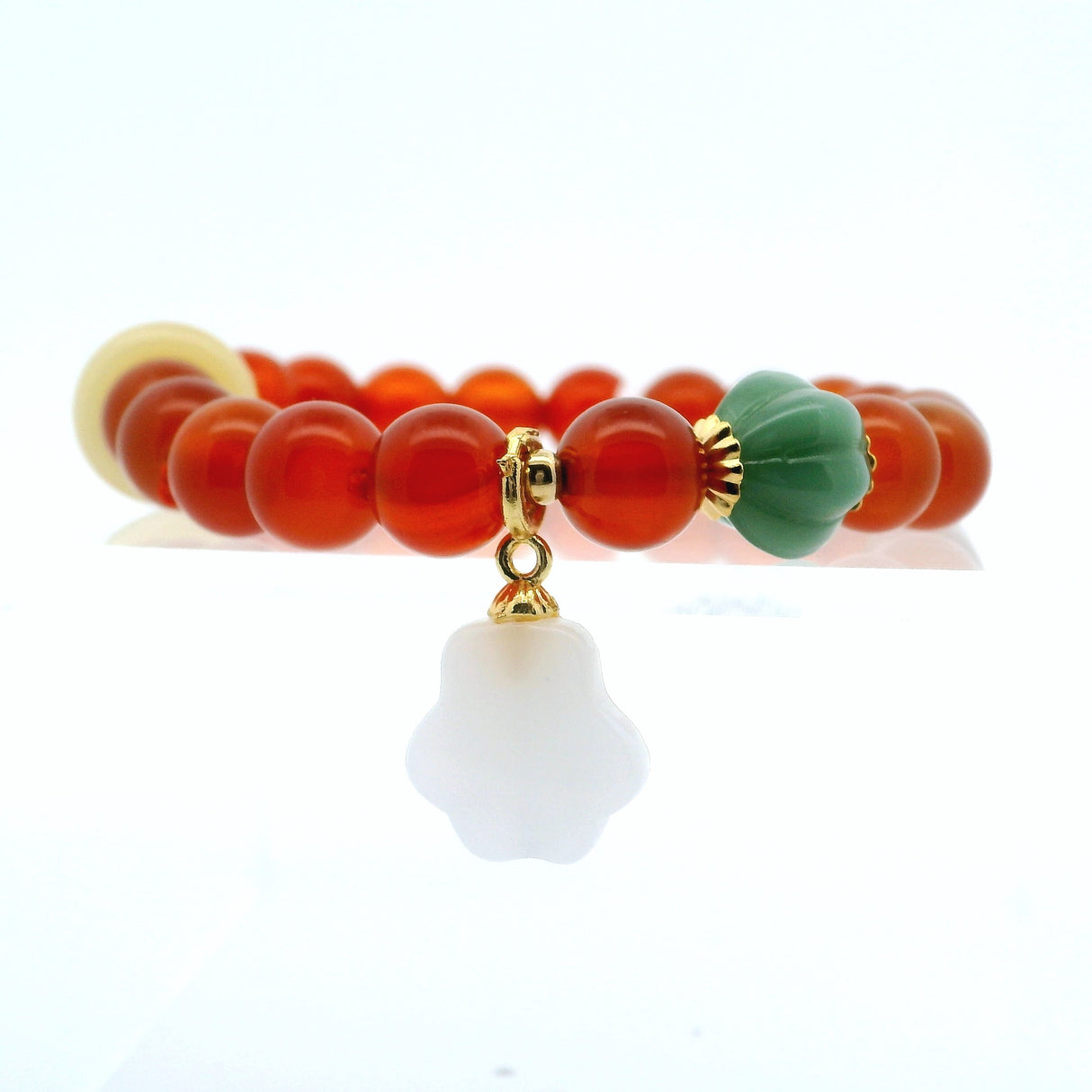 Carnelian with Aventurine & Butter Jade Beaded Bracelet with Quartz Paw Charm - 8mm Rounds