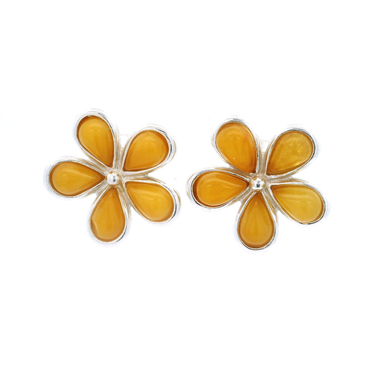 Butterscotch Baltic Amber Flower Stud Earrings - Pear Shape Stones Bezel Set in 925 Sterling Silver