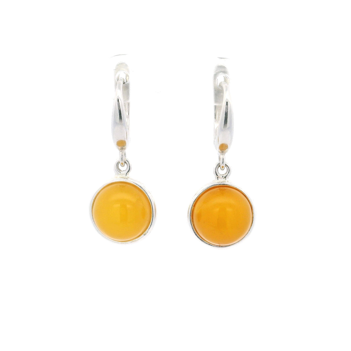 Butterscotch Amber Round Dangle Earrings Bezel Set in 925 Sterling Silver with Latchbacks