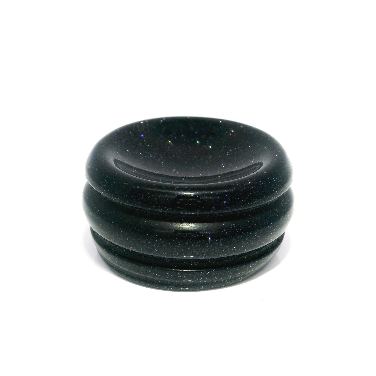 Deep navy sparkling gemstone sphere stand disc with glittering flecks and a grooved rim