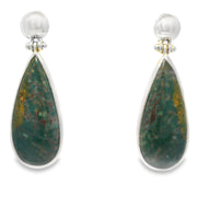 Bloodstone teardrop cabochon dangle earrings in silver bezels on silver ball-post studs