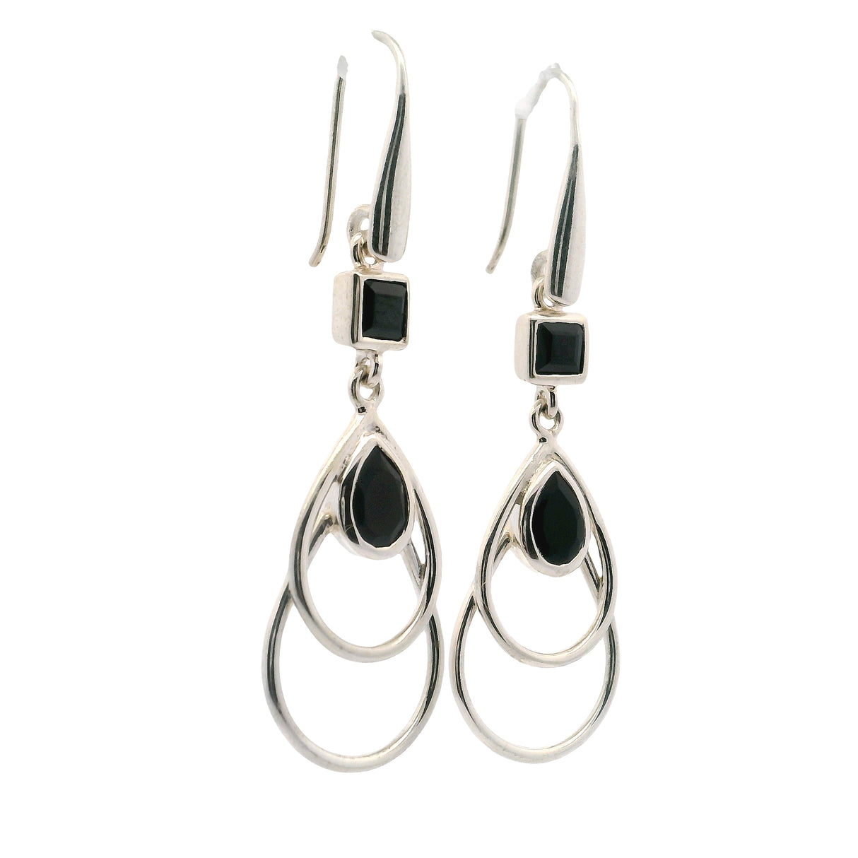Faceted Black Onyx Pear & Square Dangle Earrings in Open Pears Setting of 925 Sterling Silver