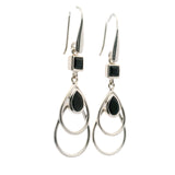 Faceted Black Onyx Pear & Square Dangle Earrings in Open Pears Setting of 925 Sterling Silver