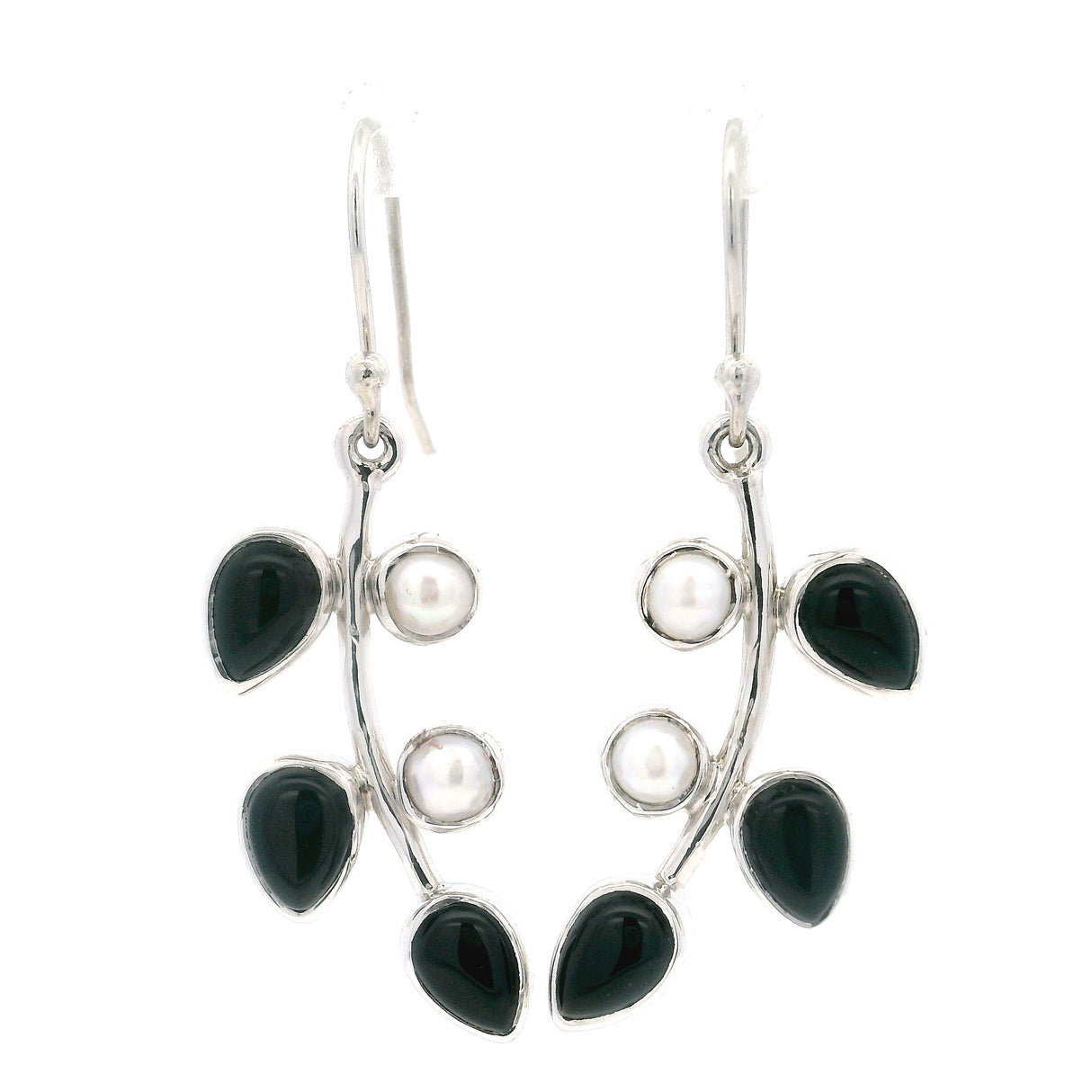 Black Onyx & Pearls Ivy Dangle Earrings - Drops & Rounds with Simple Silver Bezel
