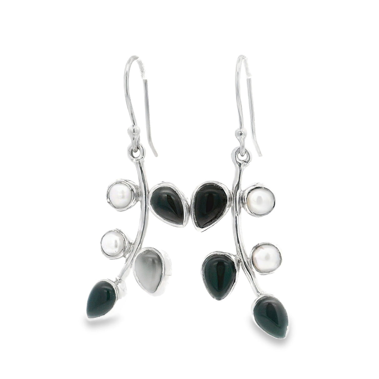 Black Onyx & Pearls Ivy Dangle Earrings - Drops & Rounds with Simple Silver Bezel