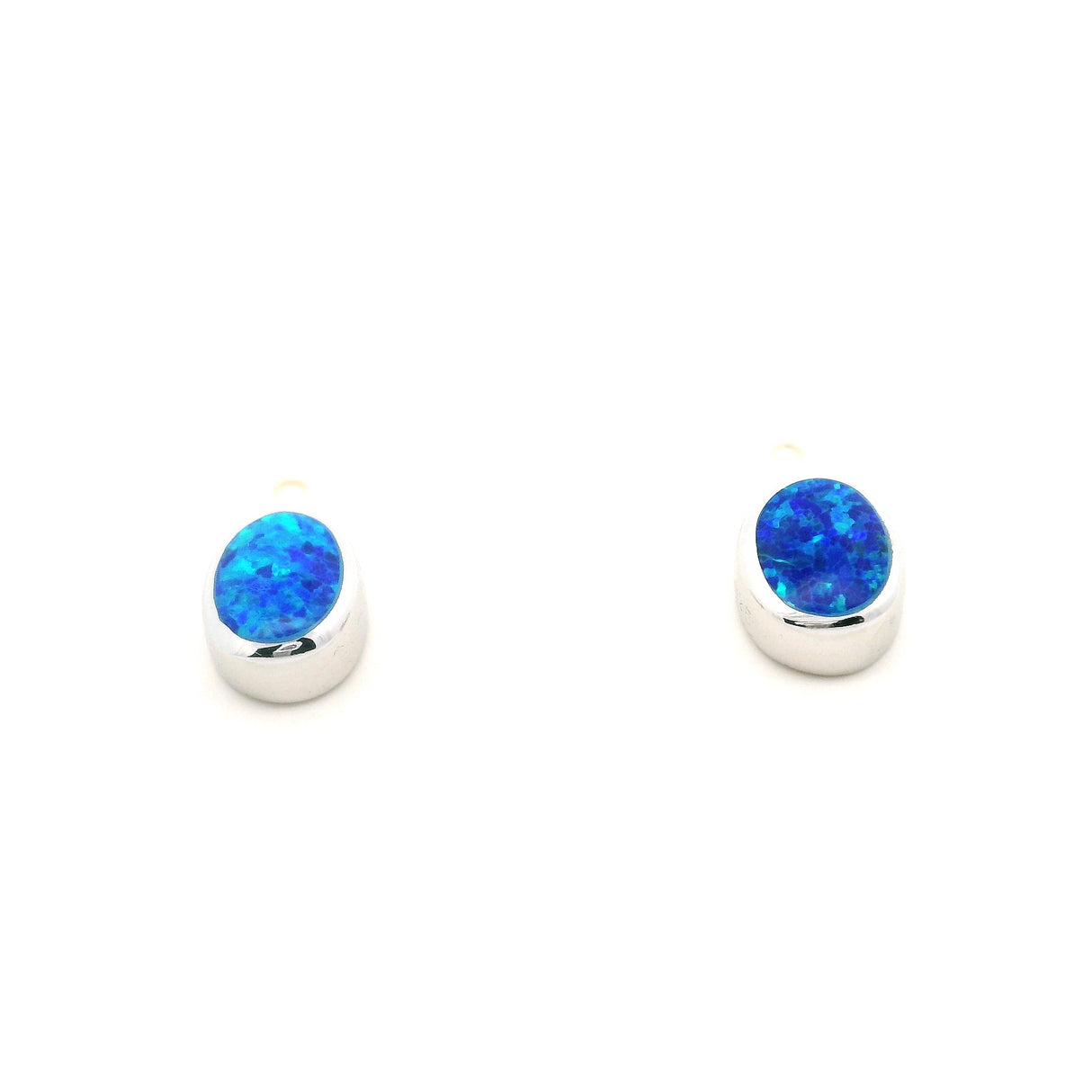 Blue Opal Stud Earrings - Oval Cabochon Bezel Set in 925 Sterling Silver