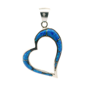 Blue opal inlay open heart pendant in 925 sterling silver, front view