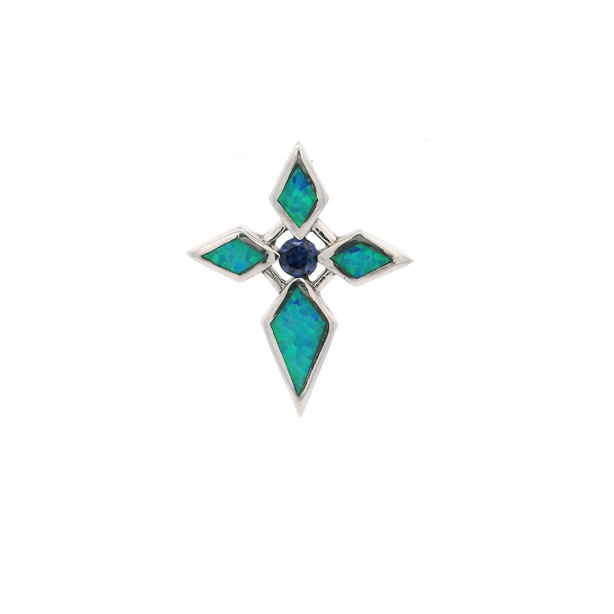 Pendentif croix en opale bleue avec iolite ronde en zircon cubique