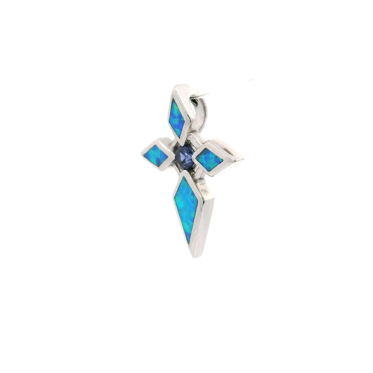 Pendentif croix en opale bleue avec iolite ronde en zircon cubique