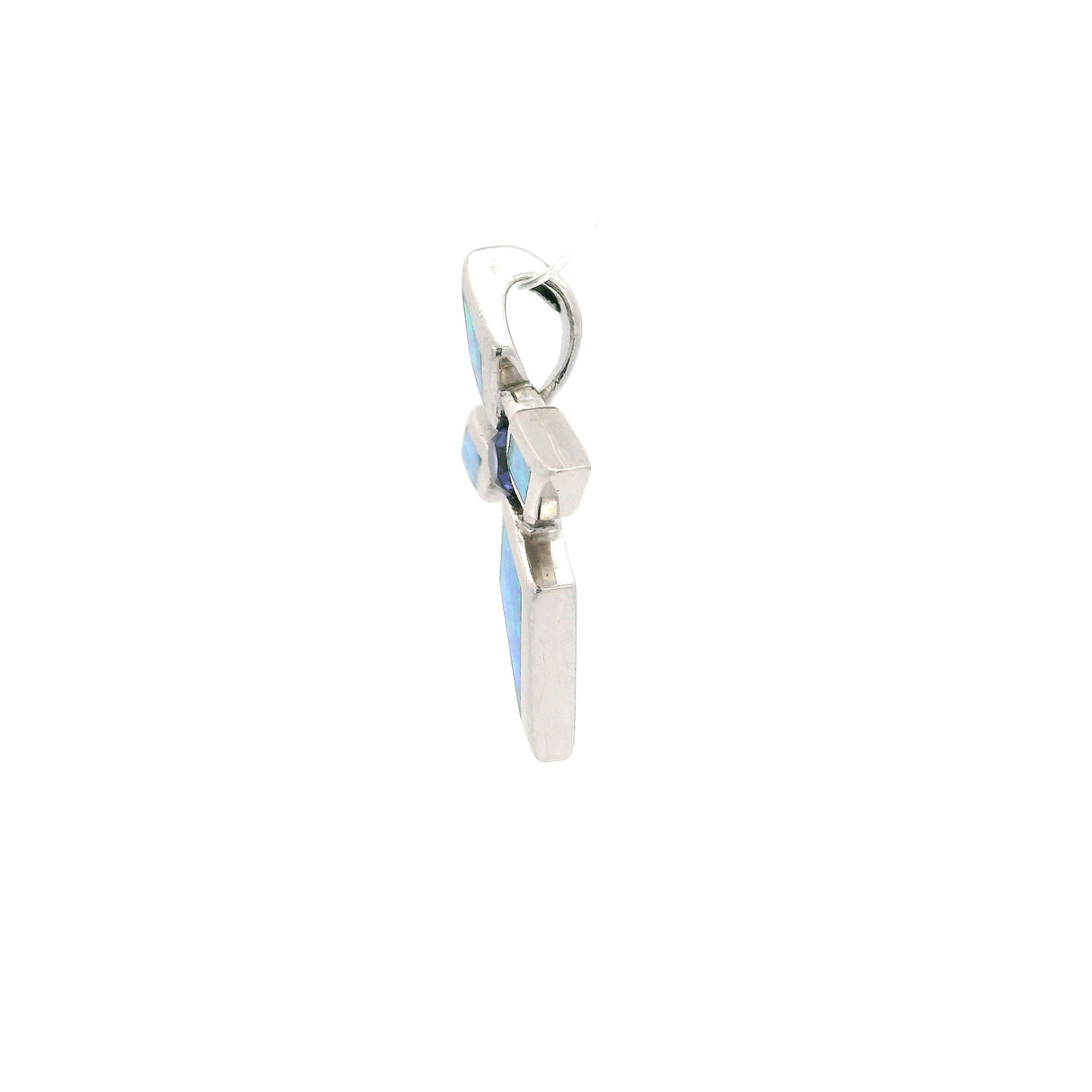 Pendentif croix en opale bleue avec iolite ronde en zircon cubique