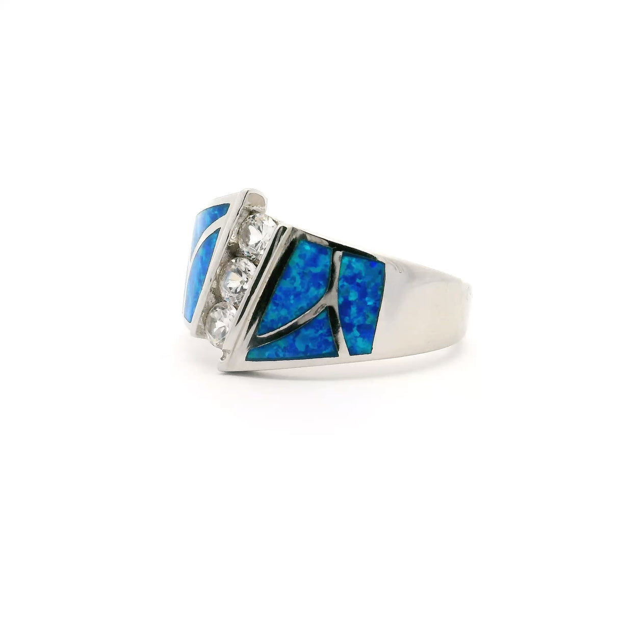 Blue Opal Inlay Art Deco Ring With 2 White Czs Stacked Sz10