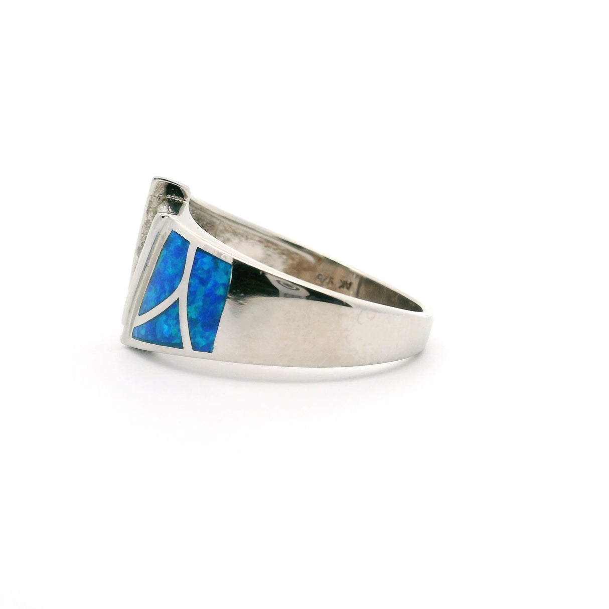 Blue Opal Inlay Art Deco Ring With 2 White Czs Stacked Sz10