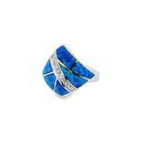 Blue Opal Ring - Geometric With Asymmetrical Inlay Sections & Bar Of White Czs Sz7