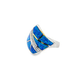 Blue Opal Ring - Geometric With Asymmetrical Inlay Sections & Bar Of White Czs Sz7
