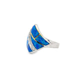 Blue Opal Ring - Geometric With Asymmetrical Inlay Sections & Bar Of White Czs Sz7