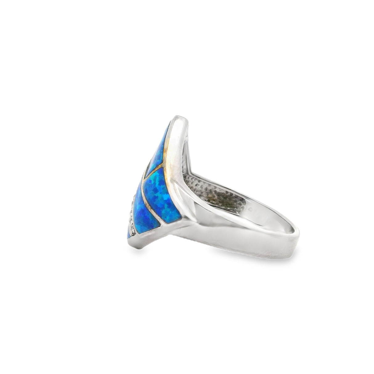 Blue Opal Ring - Geometric With Asymmetrical Inlay Sections & Bar Of White Czs Sz7