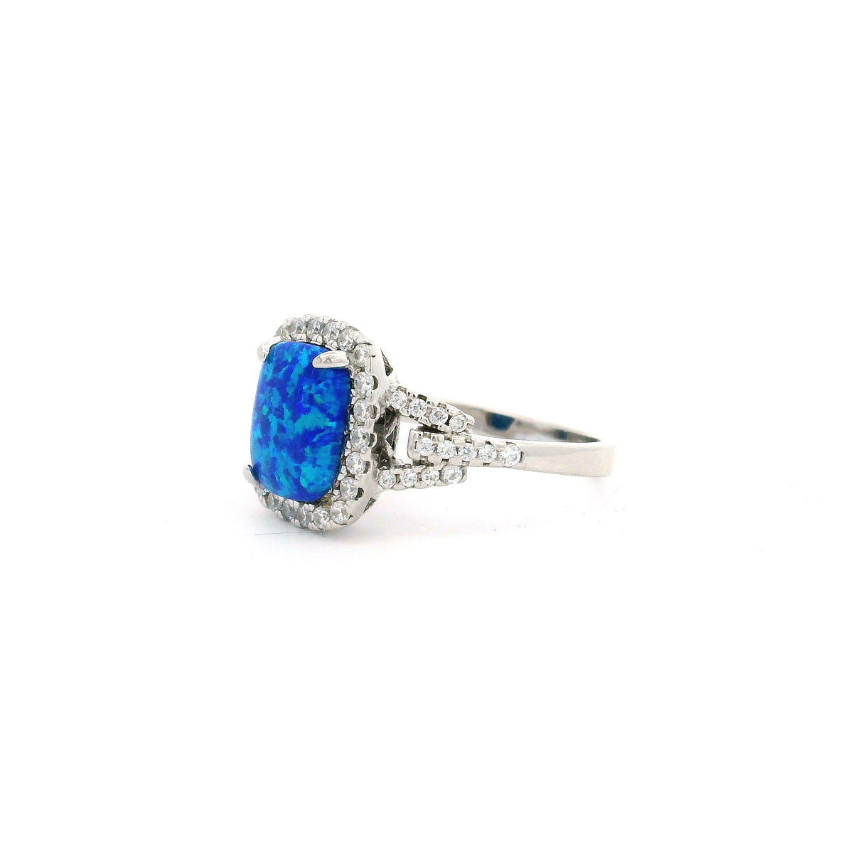 Bague Opale Bleue - Cabochon Rectangle Arrondi Avec CZ Blancs Sertis en Chatons & Bande T9