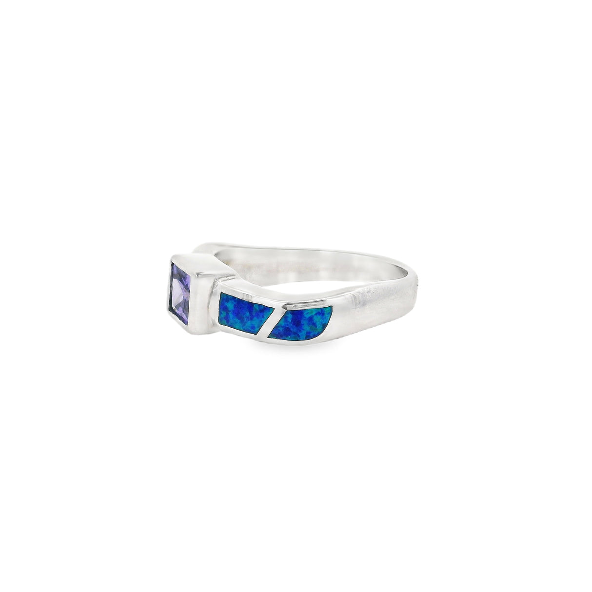Bague incrustée d'opale bleue avec améthyste taille princesse CZ et mouvement vague dans la bande taille 9