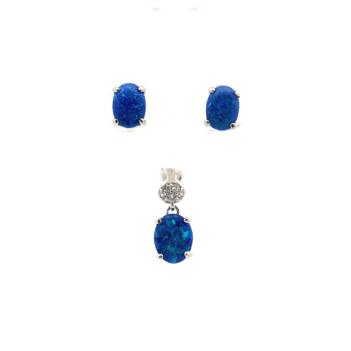Blue Opal Pendant & Earrings Set - Prong Set Oval Studs & Prong Set Oval Pendant With White Czs Set In Bail