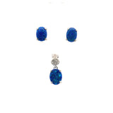 Blue Opal Pendant & Earrings Set - Prong Set Oval Studs & Prong Set Oval Pendant With White Czs Set In Bail