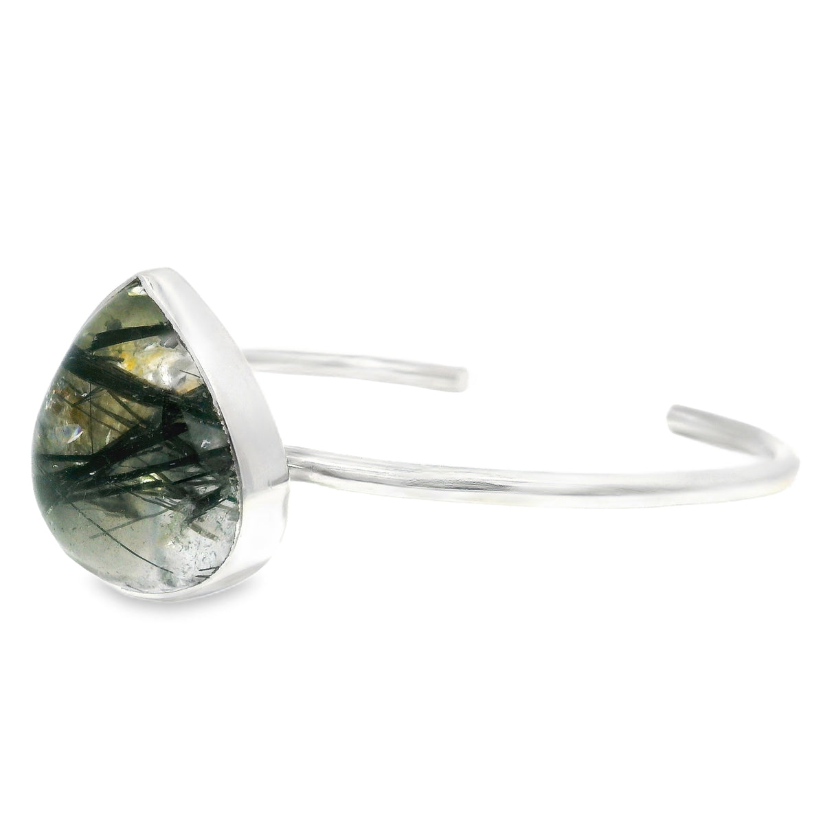 Single Black Tourmalated Quartz Cabochon Bezel Set Bangle Cuff