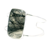 Black Tourmalated Quartz Classic Large Double Row Silver Cuff - Simple Bezel Set Polished Cabochon
